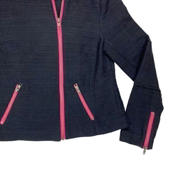 Halogen Knit Moto Jacket Womens Size Small Black Neon Pink Trim Zip Front Blazer - Picture 4 of 16